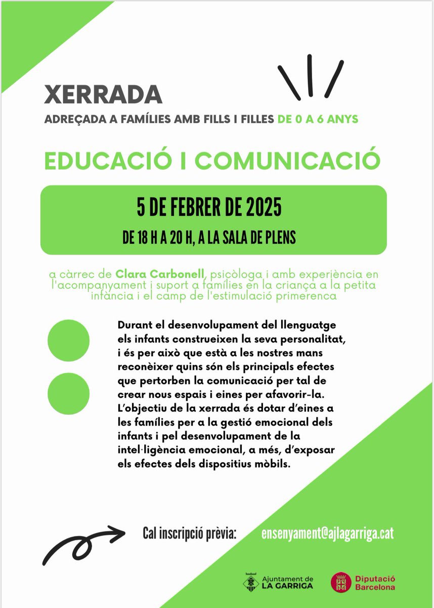 ajlagarriga's tweet photo. 🗣️Seguim amb el cicle de xerrades per a famílies de #laGarriga

🗓️Dimecres 5 de febrer se n’organitza una sobre llenguatge en infants de 0 a 6 anys

✍🏻 Apunta’t a ensenyament@ajlagarriga.cat https://t.co/VutQhm22ZY