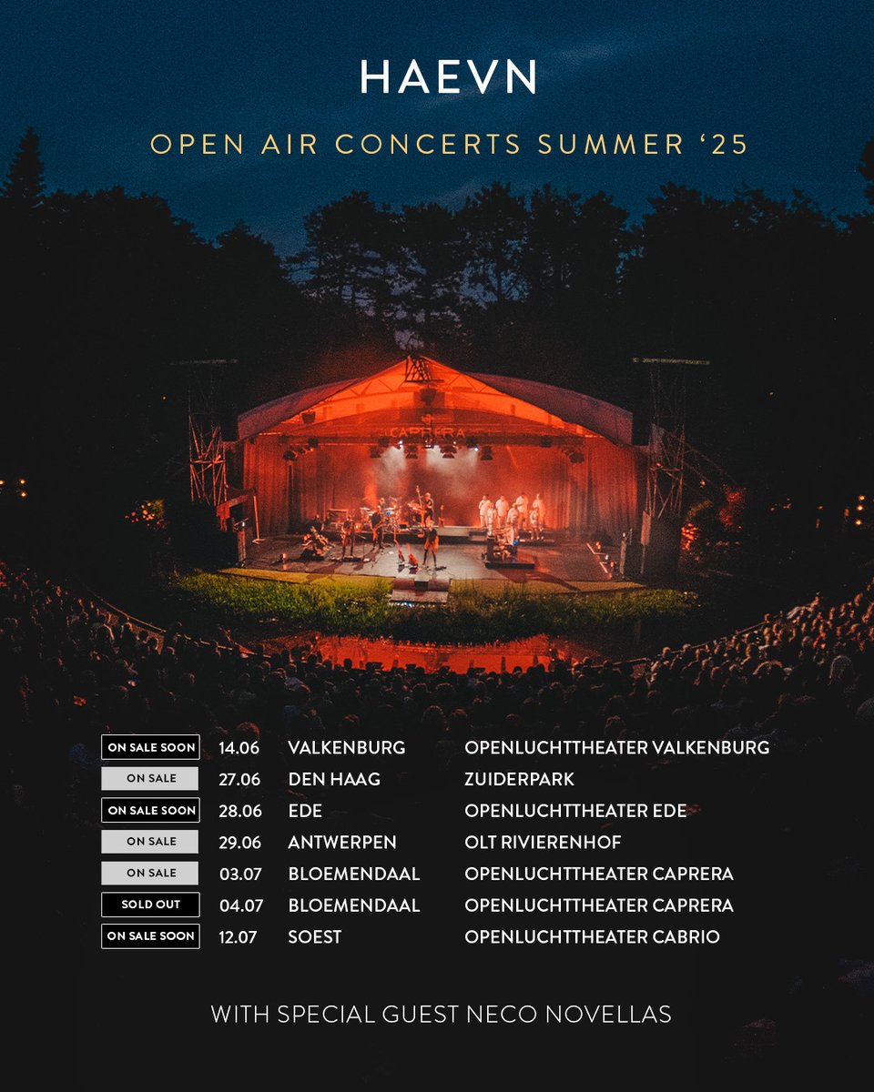 Thank you for your enthousiasm to our open-air concerts for this coming summer. 

Tickets for Den Haag, Antwerpen and Bloemendaal are now available through our website: haevnmusic.com/concerts/

#music #live #concert #ontour #openair