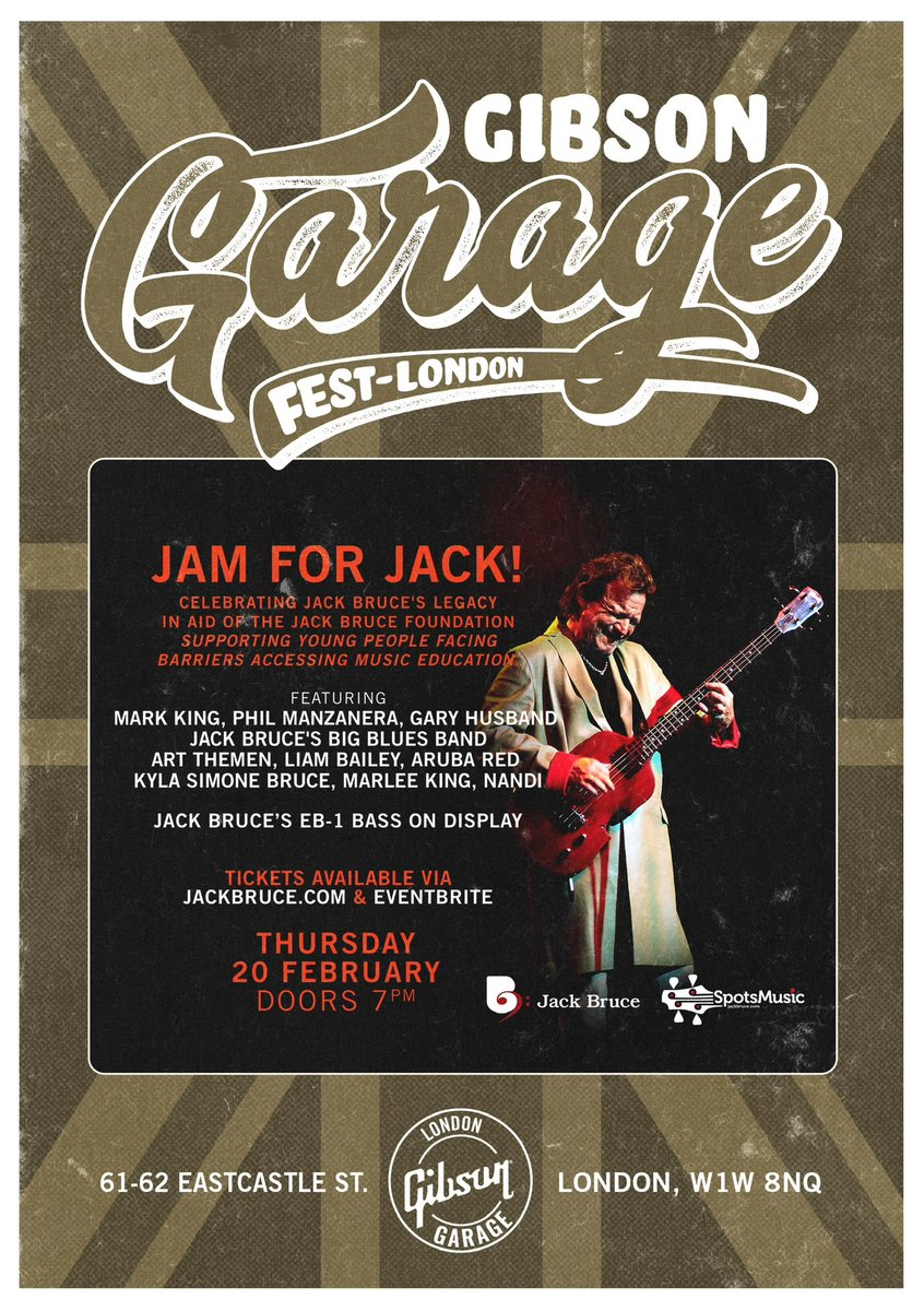 We are SO EXCITED to announce ‘JAM FOR JACK!’ As part of Gibson Garage Fest London, we will be celebrating Jack Bruce’s incredible legacy with an intimate evening of live music with only 80 special guests in attendance! Jack’s friends, bandmates &amp; family coming together to