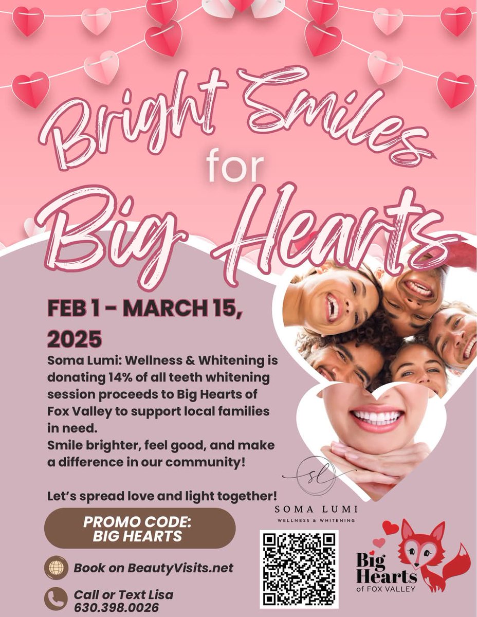 ✨Brighten Your Smile &amp; Warm a Heart! ✨ Feb 1 - Mar 15
Soma Lumi: Wellness &amp; Whitening is donating 14% of the proceeds of every smile whitening session to Big Hearts  to spread smiles! Book your session now and share the love!

book.squareup.com/.../LQVU5LPA56…

facebook.com/somalumi