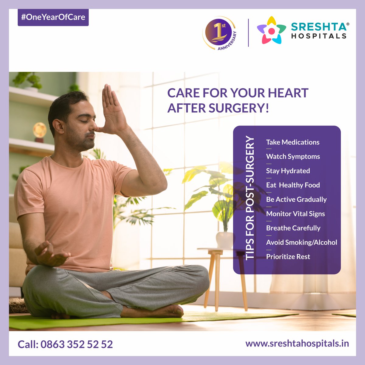 sreshta_guntur's tweet photo. Your heart deserves the best care after surgery! π Follow these essential tips for a healthy and speedy recovery. π
#HeartCare #PostSurgeryTips #HealthyHeart #SreshtaHospitals #HeartHealthMatters #CardiacCare #HeartSurgeryRecovery #HealthyLifestyle #Oneyearofcare https://t.co/kfmx3LPG9f