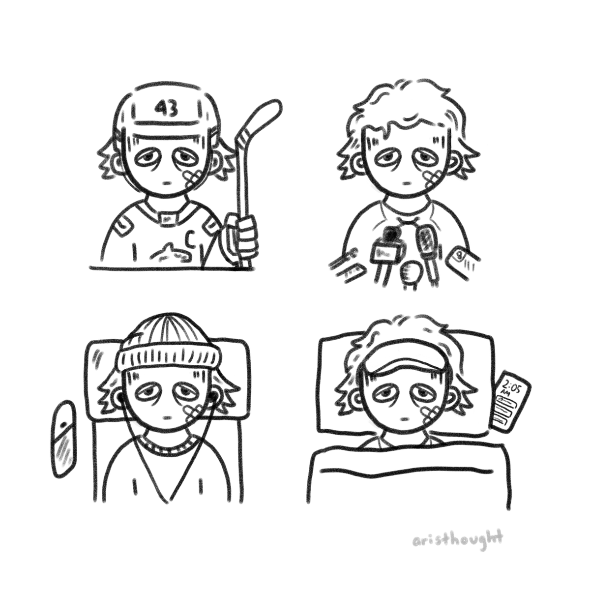 a doodle of a sad looking quinn hughes sitting on the bench, in a media conference, on the plane, and lying in bed with the same expression on his face