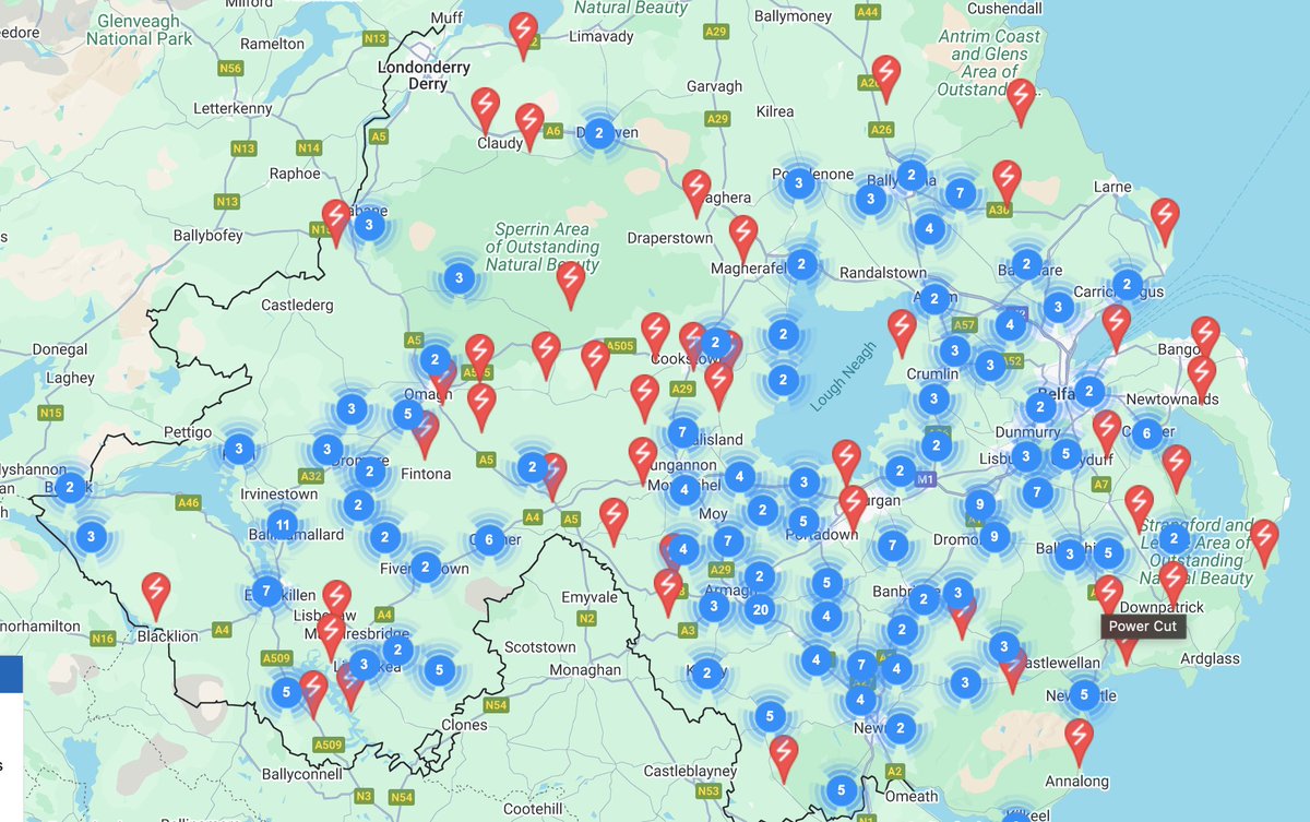 Kscott_94's tweet photo. UPDATE: Tens of thousands of homes across Northern Ireland are without power now. 

You can see from the map how #StormÉowyn is now sweeping upward.

A red warning is in place from 7am, winds here in Belfast very strong now. @BelTel https://t.co/YHjxOWFYRH