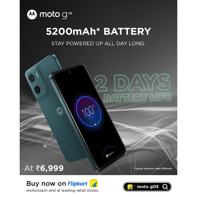 motorolaindia's tweet photo. The #MotoG05 features a powerful 5200mAh battery, allowing you to play games, watch movies, listen to music, and do so much more without worrying about recharging.
Buy now at just ₹6,999 on Flipkart | https://t.co/azcEfy1Wlo | leading retail stores.
#Motorola #MastHai