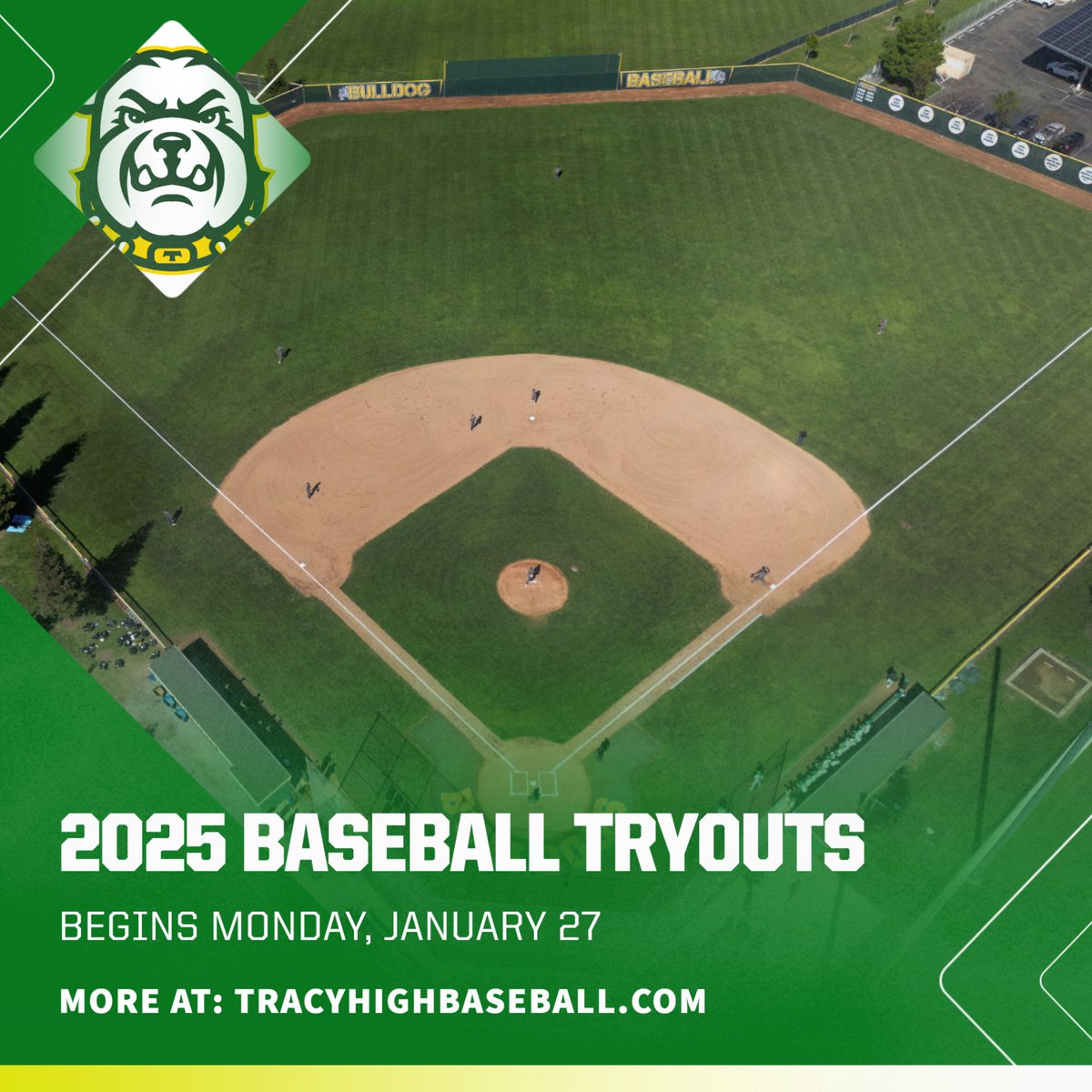 Tryouts for the 2025 season begin Monday at 2:50 p.m. at our fields on Lowell Ave.  tracyhighbaseball.com for more info