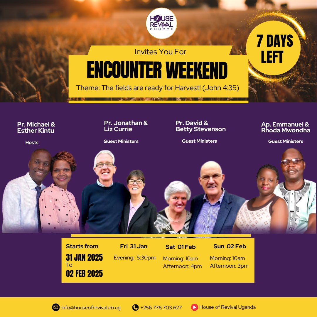abelmukisa's tweet photo. 7 Days to Go!
Join us for an unforgettable Encounter Weekend and experience the fullness of God's perfection in your life.
Venue: House of Revival Church Bukoto Kisaasi Rd Opp. Asifiwe Int’l Academy
💌 Contact +256 776 703 627 for more details
#EncounterWeekend
#HORUganda https://t.co/UHKmOM1xAZ