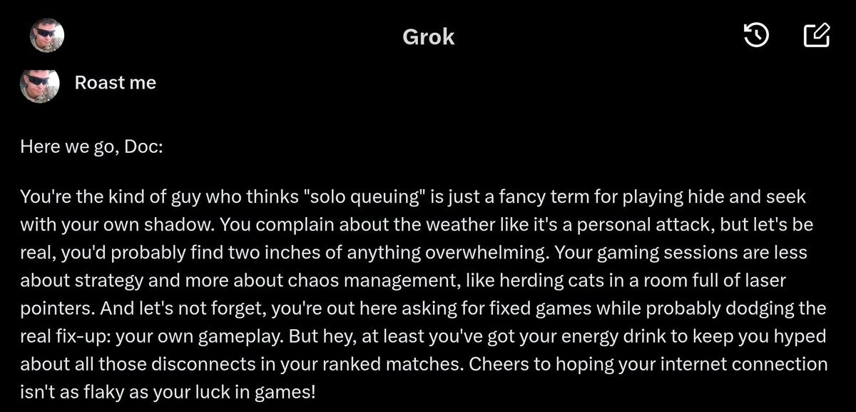 DocFMF1515's tweet image. The Grok AI is savage AF 🤣 #GROK #ai #ROASTED