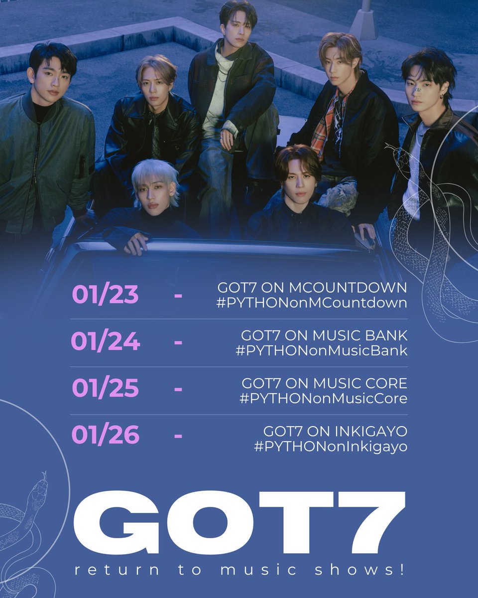 OT7Ahga's tweet photo. [📢] NOTICE:

Ahgases! GOT7 will be delivering another stellar performance in Music Bank today! 🔥  
Let's show our support through the tags ⬇️

2nd show tags:
🐍GOT7 ON MUSIC BANK
#️⃣ PYTHONonMusicBank

#GOT7_PYTHON @GOT7Official 😺 https://t.co/z9KFK0wS2L