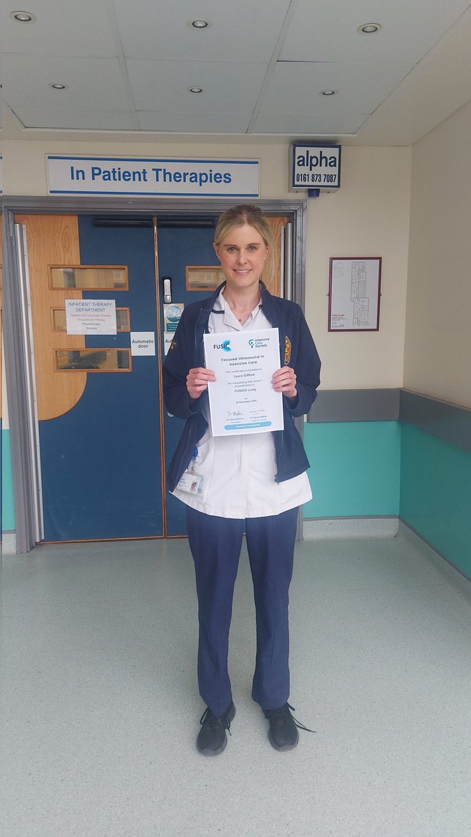 Very pleased to have been awarded #FUSIC lung ultrasound accreditation. The first Physio of hopefully many more at Stockport. Lung Ultrasound enhances patient care by providing accurate real-time diagnosis of acute respiratory conditions.  #physio #fusiclung