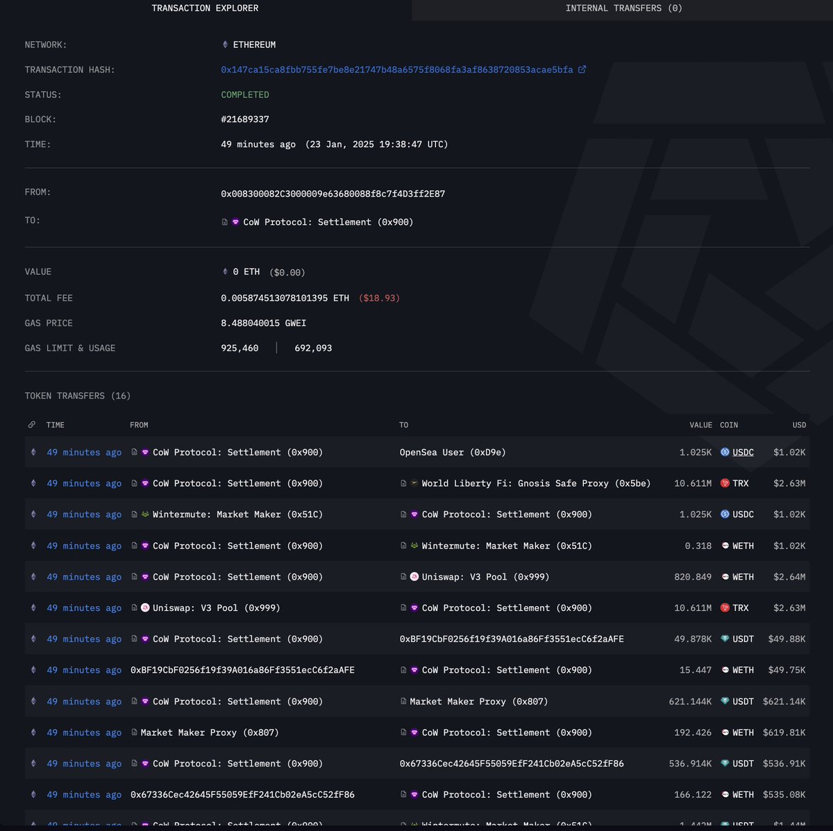 arkham's tweet photo. DONALD TRUMP’S PROJECT WORLD LIBERTY FI BUYS AND STAKES 4.7K ETH ($15M), PURCHASES $2.65 MILLION TRX AS TRUMP PLEDGES TO DEVELOP NATIONAL DIGITAL ASSET STOCKPILE