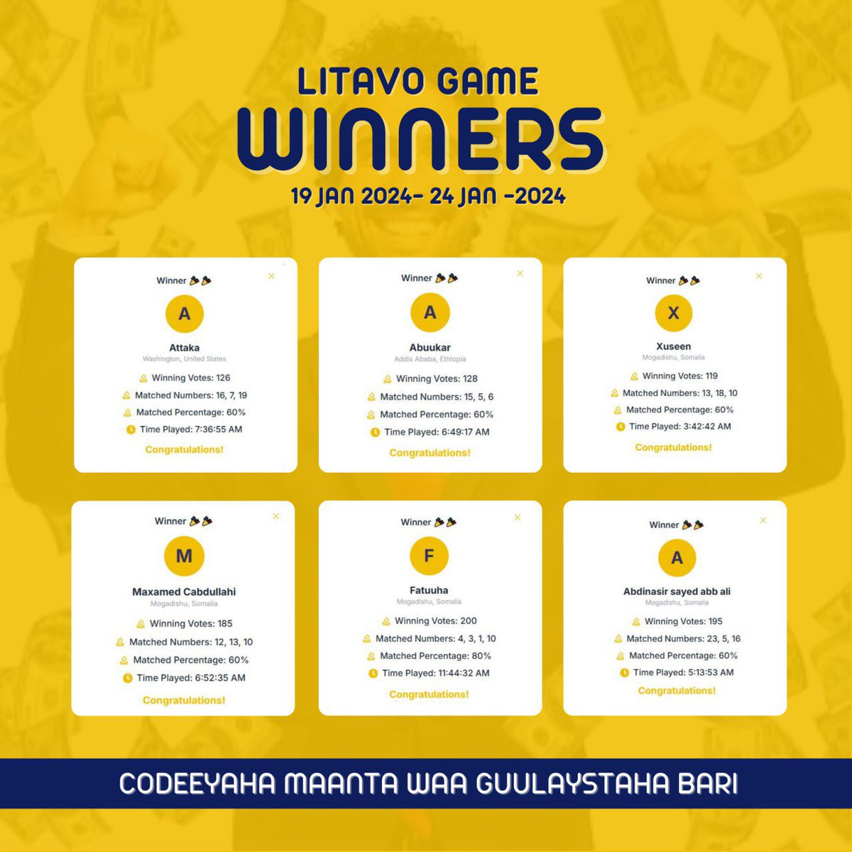 litavoGames's tweet photo. Caawa waa habeenka abaal marinta Guuleystasha, imow Discord Lana dabaal dag guuleystayaasha Litavo game ee isbuuci hore. https://t.co/hjQCtpPA7t