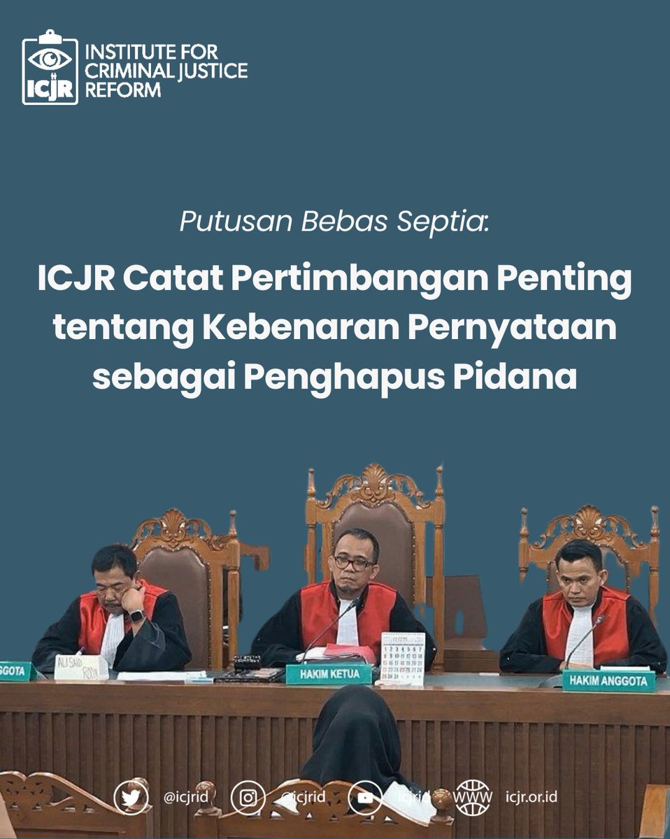 ICJRid's tweet photo. Putusan Bebas Septia: ICJR Catat Pertimbangan Penting tentang Kebenaran Pernyataan sebagai Penghapus Pidana
#Septia #UUITE https://t.co/NfkqaE3pYV