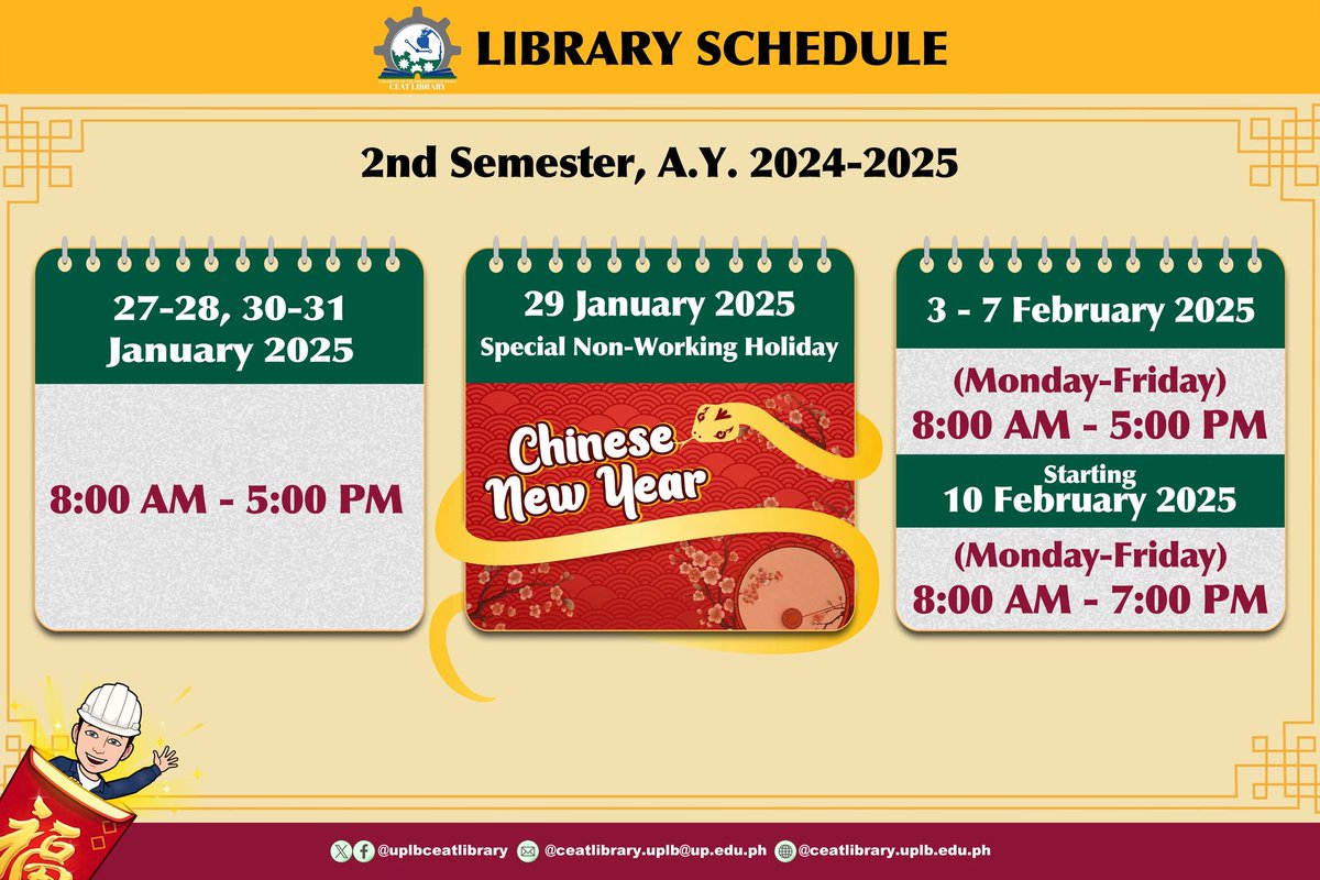 uplbceatlibrary's tweet photo. 𝐇𝐢, 𝐂𝐄𝐀𝐓𝐌𝐚𝐭𝐞𝐬! 😍

🗓️Check out the library schedule for this semester, and validate your student ID to access library resources.
🔗Here's the link: https://t.co/aUjzCYSwnj

Wishing you success in your studies! ♥️

#CEATLibConnect
#LEVIPresents
#CEATLibIDValidation https://t.co/IzFJNkFJH2