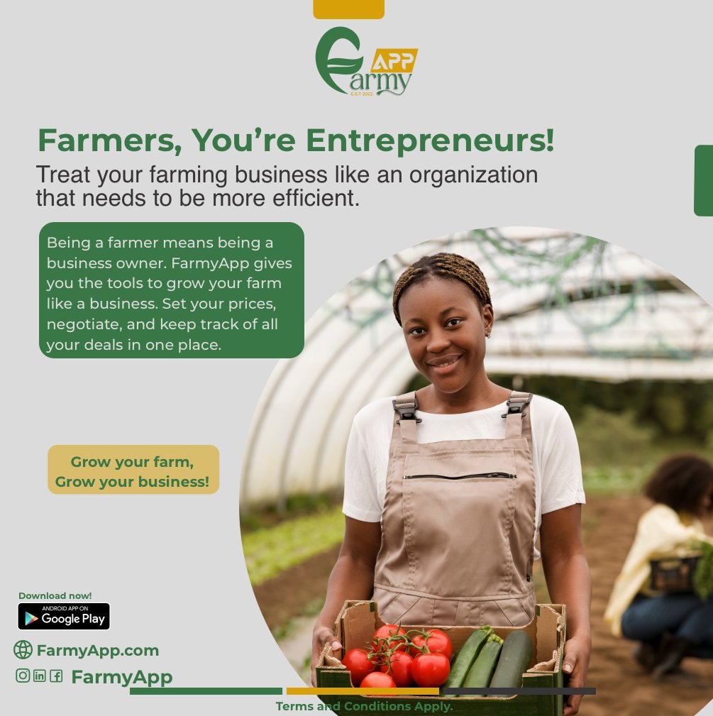 farmyapp's tweet photo. Farmers, You're Entrepreneurs!
Treat ur farming business like an organization that needs to be more efficient. Being a farmer means being a business owner. #FarmyApp gives u d tools to grow ur farm like a business. Set ur prices, negotiate, &amp; keep track of all ur deals in one App https://t.co/imjX9BO5OS