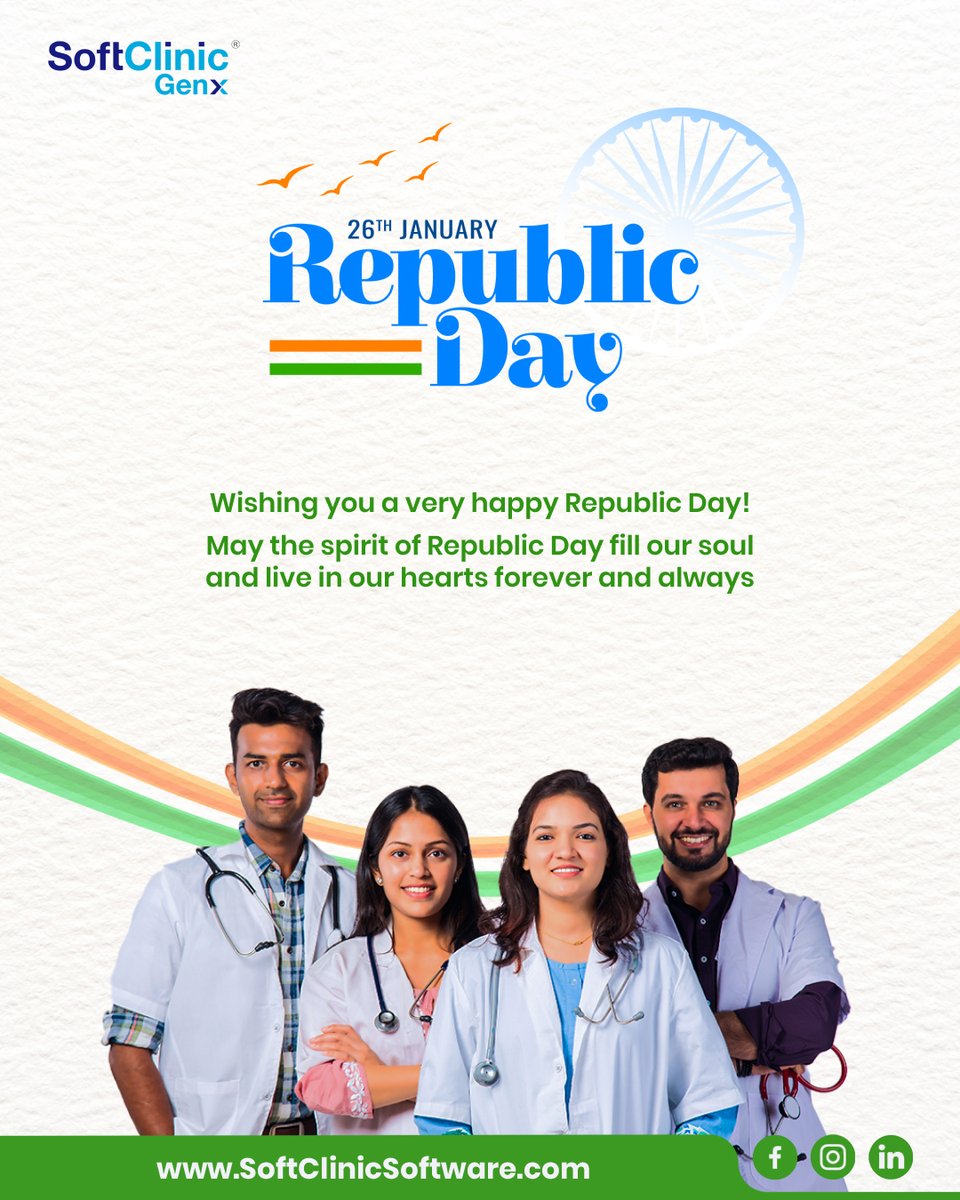 SoftClinic_Jvs's tweet photo. Wishing everyone a very Happy Republic Day!๐ฎ๐ณ
May the spirit of freedom, unity, and patriotism continue to inspire us all. Let's celebrate the pride of being part of this incredible nation!
#HappyRepublicDay #HospitalManagementSoftware #HealthcareTech #HospitalSoftware https://t.co/Akso9axqpW