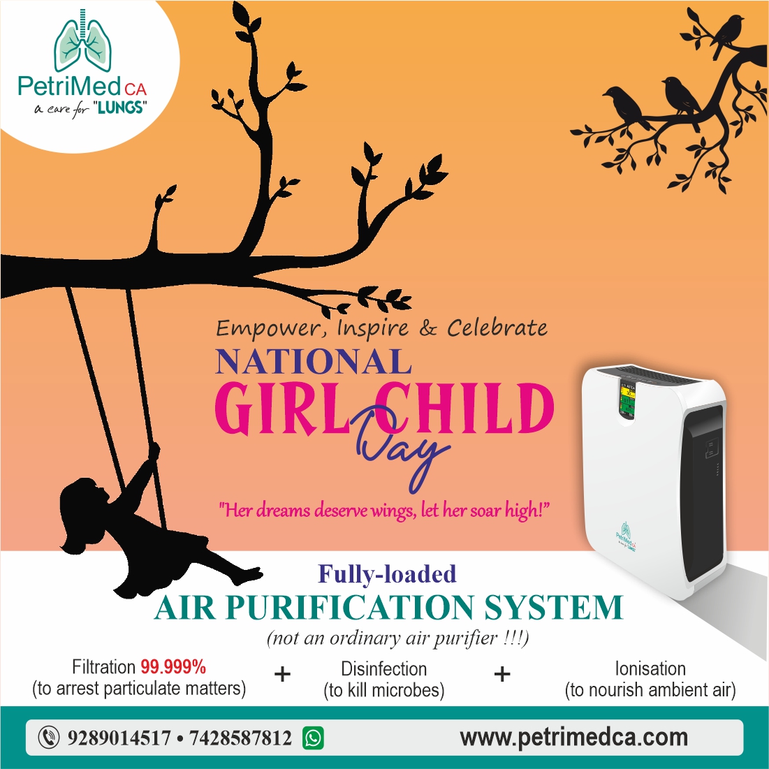 PetrimedCA's tweet photo. The day celebrates the importance of empowering girls and ensuring their safety, health, and well-being.
#PetriMedCA wishes you all a Happy National Girl Child Day 👧
#राष्ट्रीय_बालिका_दिवस 👧
#NationalGirlChildDay #airpurification #airpurificationsystem #airquality https://t.co/w16ObYq2YH