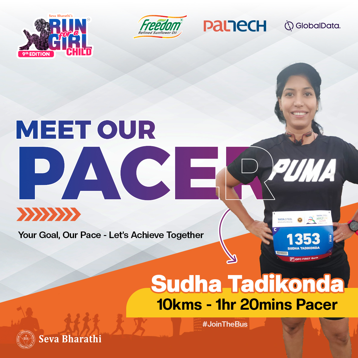 sevabharathitg's tweet photo. Gear up for the 9th Edition of #RunForAGirlChild with our incredible #10KPacer,Sudha Tadikonda! She’ll be your dependable guide, leading you mile after mile toward #AchievingYourGoal.
👉https://t.co/byRr8UlgW5
#EmpowerWithSudhaTadikonda #PaceWithPurpose #RunForChange #RFGC #RUN https://t.co/ErDC63YFJg