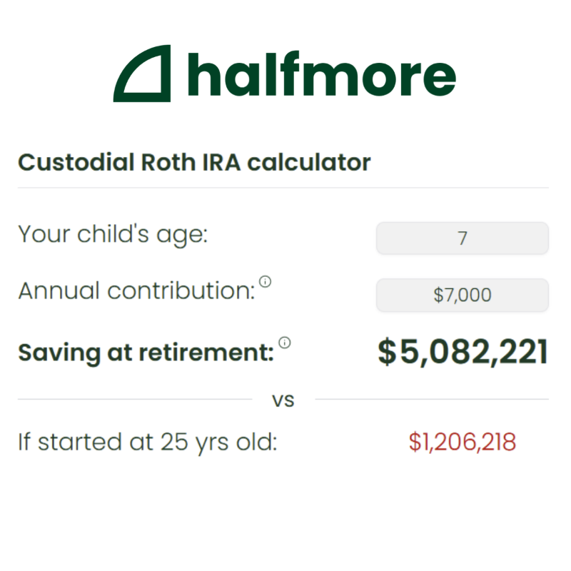 Isaac0370's tweet photo. If you contribute $7k/year to your kid's Roth IRA starting at 7yo, they will retire with $5M+. But to do it legally you need to hire a lawyer, run payroll, document their work, report taxes, and stay compliant.

Or you can use Halfmore for $15.99/month.