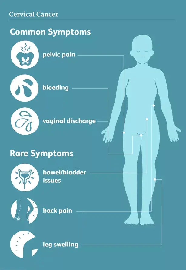 Cervical Cancer Symptoms
 Early signs:
 ⚠️ Abnormal bleeding (after intimacy, between periods, or after menopause)
 ⚠️ Unusual discharge or pelvic pain
Advanced signs:
 ⚠️ Back pain, leg swelling, or tiredness
See a doctor if you notice these signs. Early detection saves