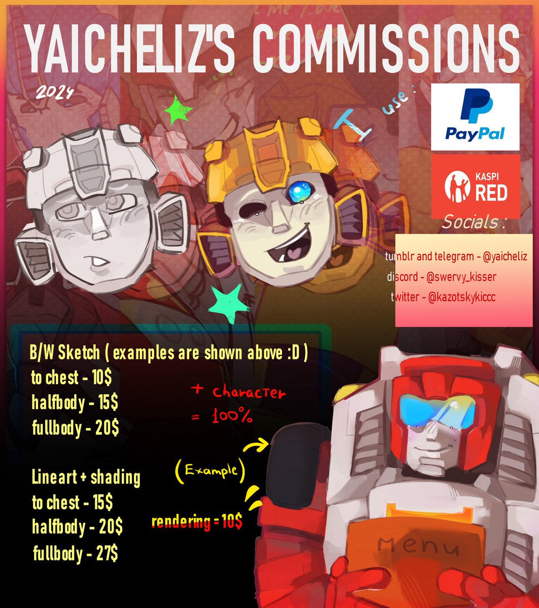 kazotskykiccc's tweet image. Pin post! Price list, details will be talked over :9 ( might be updated later )
Dm me on discord or any other socials if interested. Deadline is 3 weeks!!
#Transformers