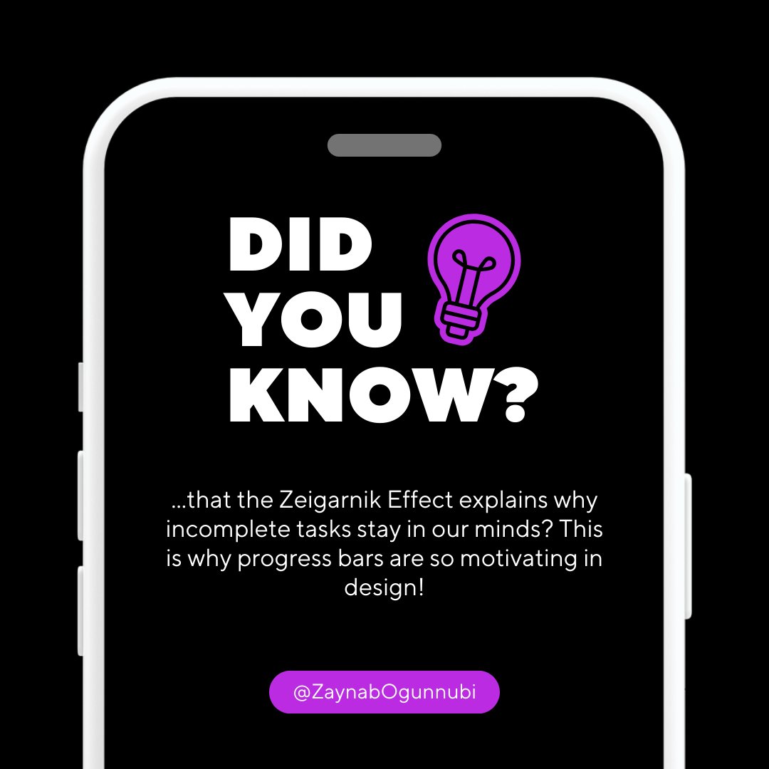 slimfit_zee's tweet photo. 𝗗𝗶𝗱 𝘆𝗼𝘂 𝗸𝗻𝗼𝘄? 💡
The Zeigarnik Effect explains why incomplete tasks stick in our minds. That’s why progress bars and task trackers are so motivating—they give users a sense of completion! ✅
#ux #design #uxdesign #FunFacts #ZeigarnikEffect #userpsychology #UXTerms https://t.co/V5gDss9FLw