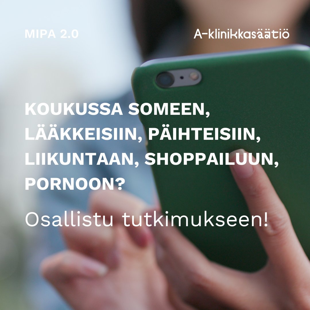 Miten riippuvuus vaikuttaa elämääsi ja arkeesi? Miten se sai alkunsa? Miten selviydyt sen kanssa? Kirjoita tarinasi <a href="/MIPAverkosto/">MIPAverkosto</a> tutkimukseen - anonyymisti ja luottamuksella. Voit myös vastata linkin kautta lyhyeen kyselyyn. 
link.webropolsurveys.com/S/6B12E1F6BD9E…
