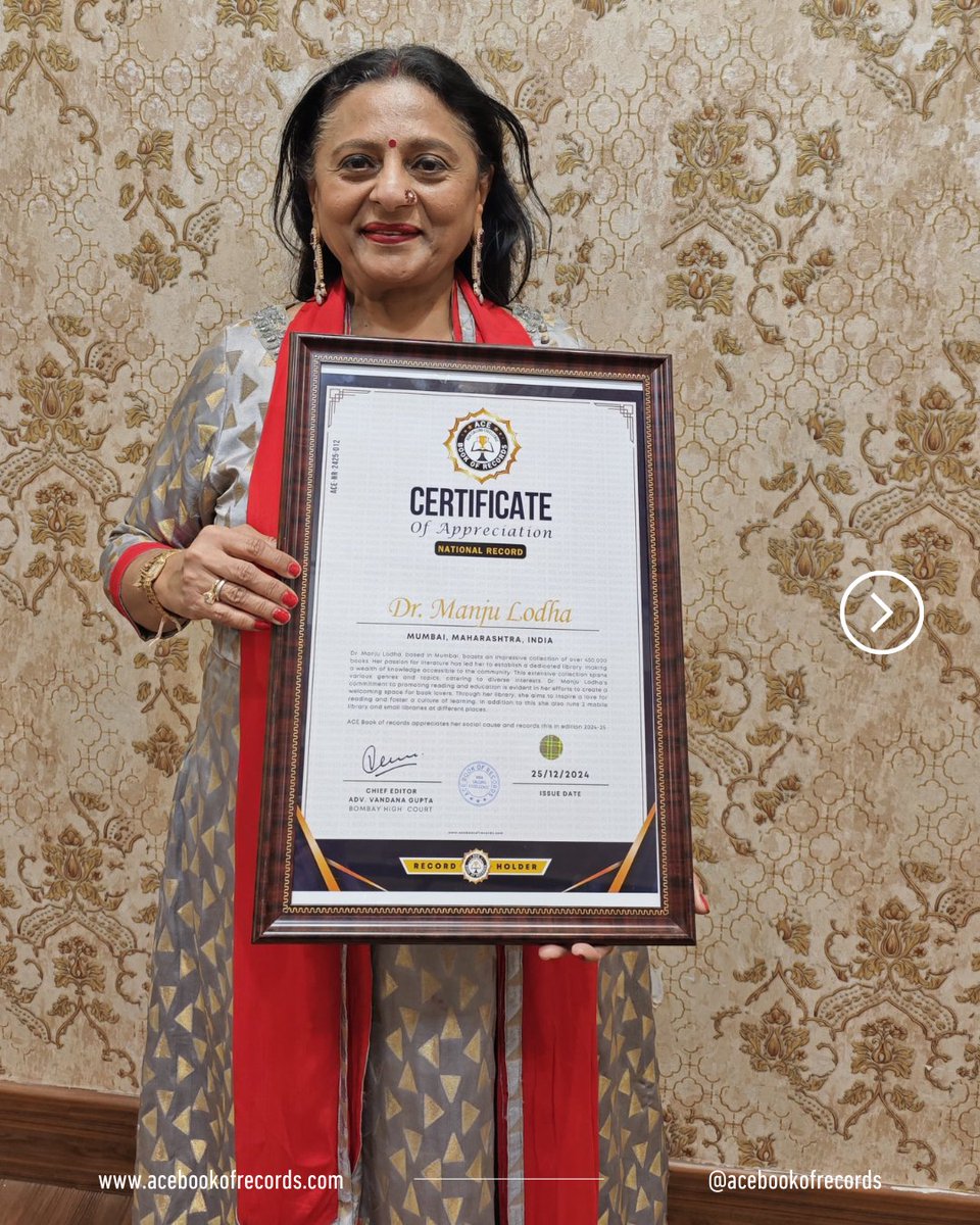 acebookofrecord's tweet photo. ACE Book of Records celebrates Dr. Manju Lodha’s incredible achievement: 450,000+ books! 📚 Her library &amp; mobile libraries are bringing knowledge to the community. A true changemaker in education! 🌟

#ACEBookOfRecords #DrManjuLodha #LibrariesOfIndia #EducationForAll https://t.co/vdxPElU2OQ