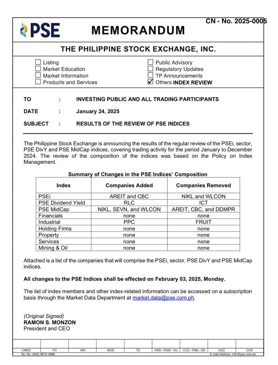 tatavinzons's tweet photo. 02.03.25 Index Recomp

PSEi:
In: $AREIT, $CBC
Out: $NIKL, $WLCON

PSE MidCap
In: $NIKL, $SEVN, $WLCON
Out: $AREIT, $CBC, $DDMPR

PSE DivY: 
In: $RLC
Out: $ICT https://t.co/DR8mJ2ZK9L