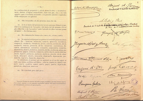 BiblioCatalunya's tweet photo. #TalDiaComAvui de 1913 l'@iec  promulga les Normes ortogràfiques, impulsades per Pompeu Fabra i una comissió de membres de totes les seccions, amb el suport d'Enric Prat de la Riba. La BC conserva un exemplar signat pels membres de la  comissió
(Top.: Ms. 2361)
#DivendresHistòria https://t.co/M2Rj2ipTzx
