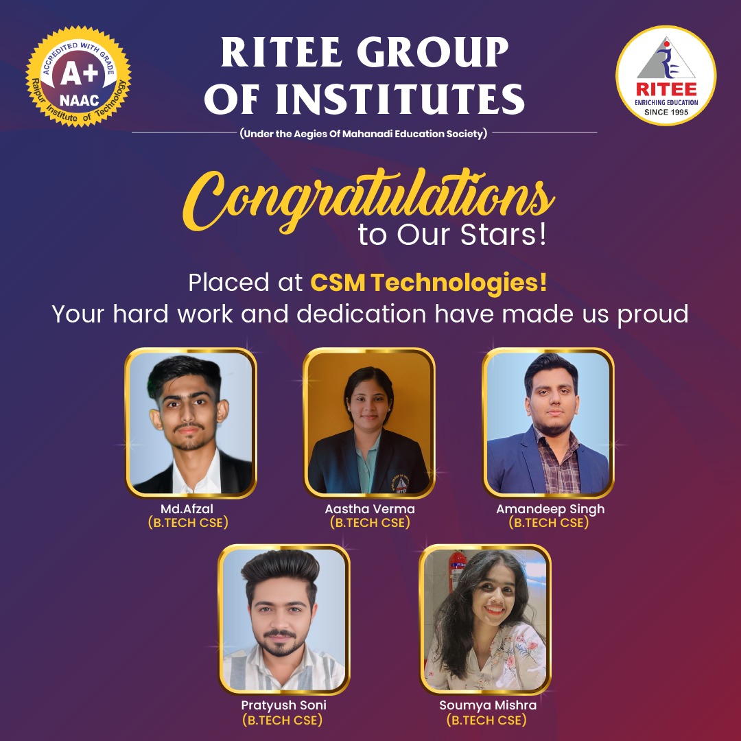 ritraipur's tweet photo. 🎉 𝐂𝐨𝐧𝐠𝐫𝐚𝐭𝐮𝐥𝐚𝐭𝐢𝐨𝐧𝐬 𝐭𝐨 𝐎𝐮𝐫 𝐒𝐭𝐚𝐫𝐬! 🎉

We are incredibly proud to announce that our talented students have been placed in 𝐂𝐒𝐌 𝐓𝐞𝐜𝐡𝐧𝐨𝐥𝐨𝐠𝐢𝐞𝐬 during the recent campus drive held on 17th January 2025! 🌟 https://t.co/i6VcoInqqb