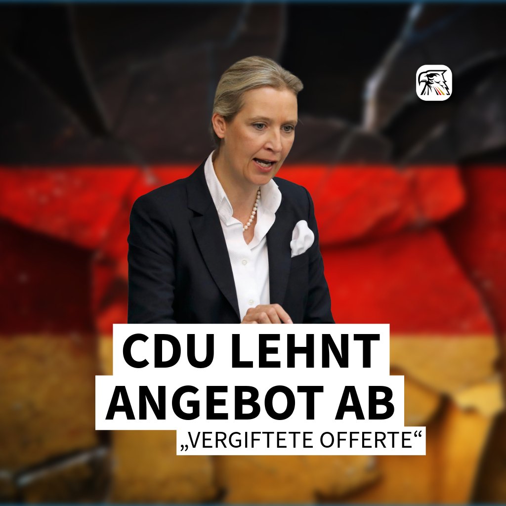 Deu_Kurier's tweet photo. Überraschung: Die CDU macht mal wieder klar, dass es mit ihr genau so weiter geht.

Alice Weidel bat in einem Brief darum, „ohne weiteres Zögern die erforderlichen Beschlüsse (zu) fassen, um in die Tat umzusetzen, was die Bürger jetzt mit Recht von der Politik erwarten.“

Die CDU lehnt das aber ab mit den Worten: „Dafür bedarf es nicht der vergifteten Angebote der AfD."

So wird Parlamentarische Geschäftsführer der CDU/CSU-Bundestagsfraktion, Thorsten Frei, in der WELT zitiert.