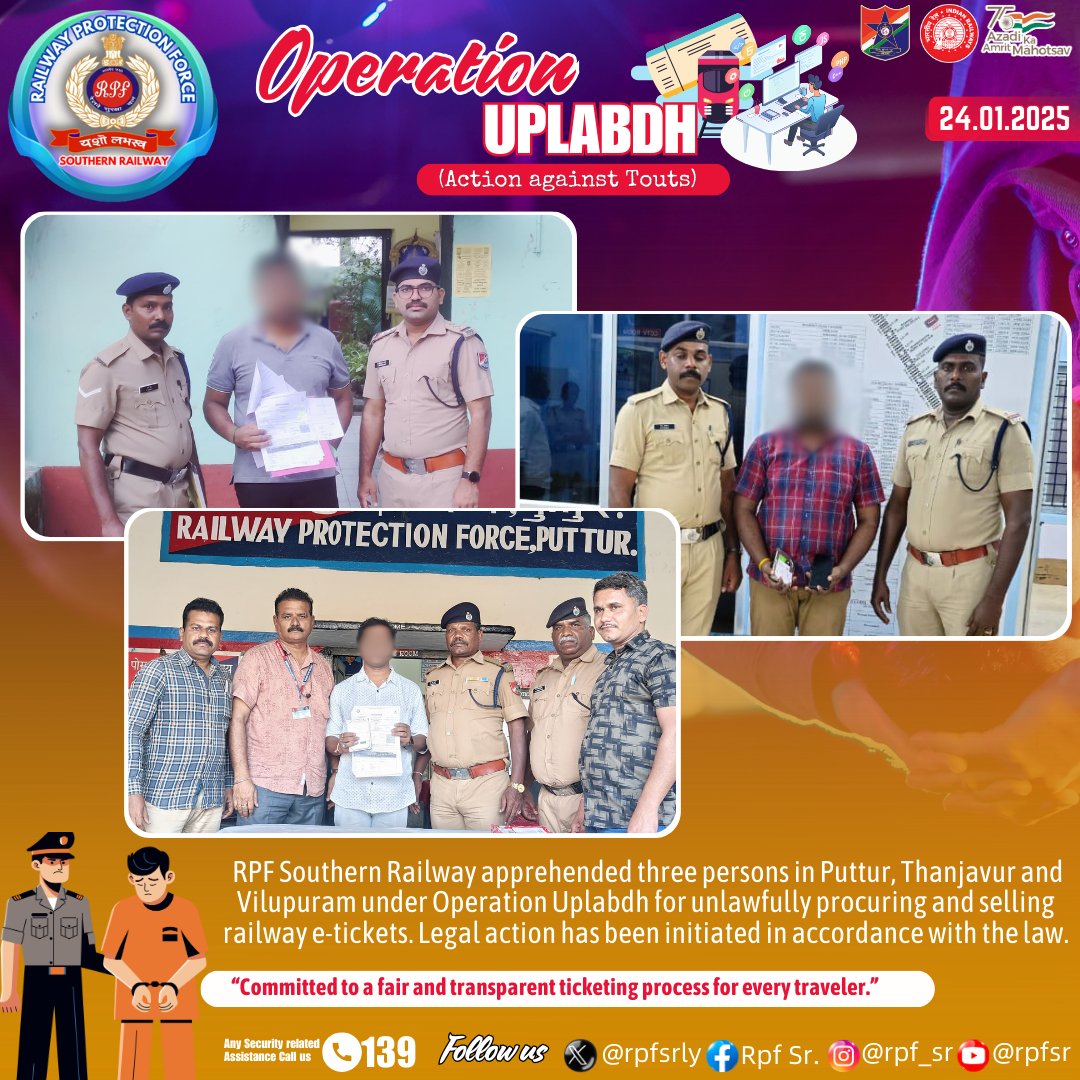 GMSRailway's tweet photo. Operation Uplabdh: RPF #SouthernRailway Nabs Three for Illegal E-Ticket Scam in Puttur, Thanjavur & Viluppuram!
Public urged to book tickets only through authorized platforms
@rpfsrly
#StopTouting #IllegalTicketing #PublicAwareness #AuthorizedBooking #RailwaySafety #StaySafe https://t.co/ffy0cZxElN