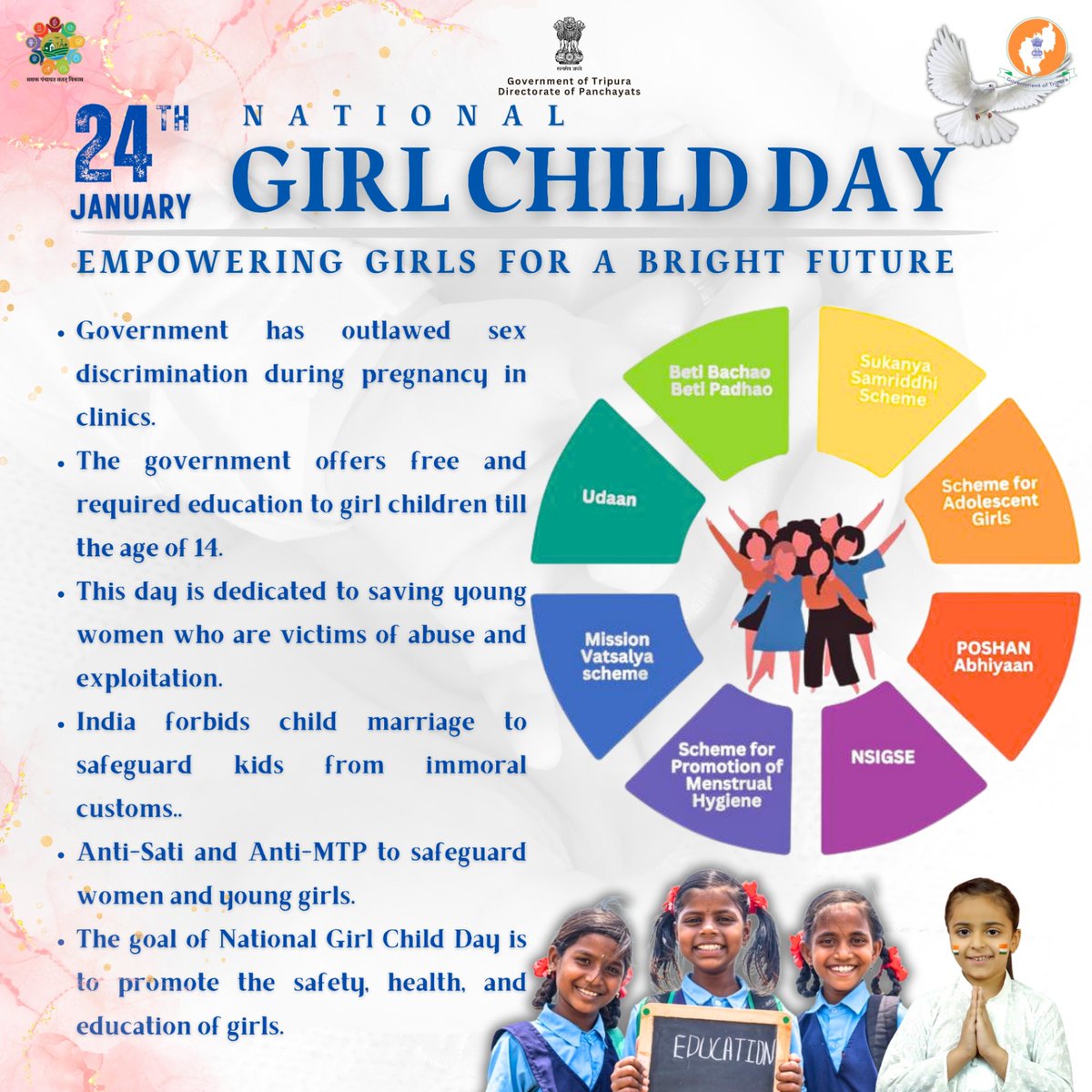 Empowered girls change the world! Let’s ensure every girl has the opportunities she deserves. Wishing all the amazing girls a Happy National Girl Child Day!
#Tripura #girlchilddevelopment #GirlChildRights #GirlChildSafety