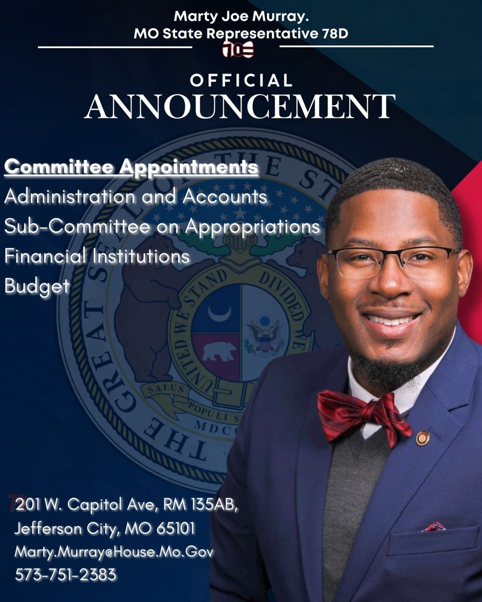 I am honored to announce my appointment to several key committees in the Missouri Legislature. These include: Administration and Accounts, Sub-Committee on Appropriations,  Financial Institutions, and Budget Committee.