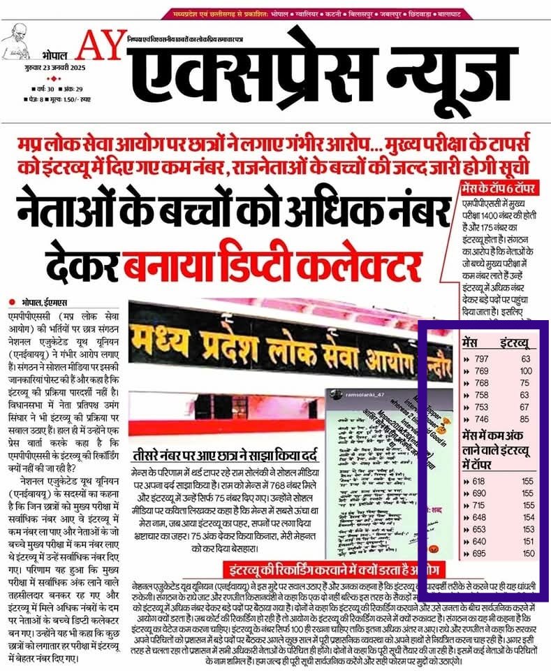 Pranjal58816902's tweet image. मैंने तो कहा था द्रोणाचार्य आज भी जिंदा है जो दलित पिछड़ों का हक मार रहे हैं।
मध्य प्रदेश में लोक सेवा का एग्जाम हुआ।
मैंस में अधिक नंबर लाने वालों को इंटरव्यू में कम नंबर दे दिए।

#MPPSC_इंटरव्यू_घोटाला 
#MPPSC_INTERVIEW_SCAM