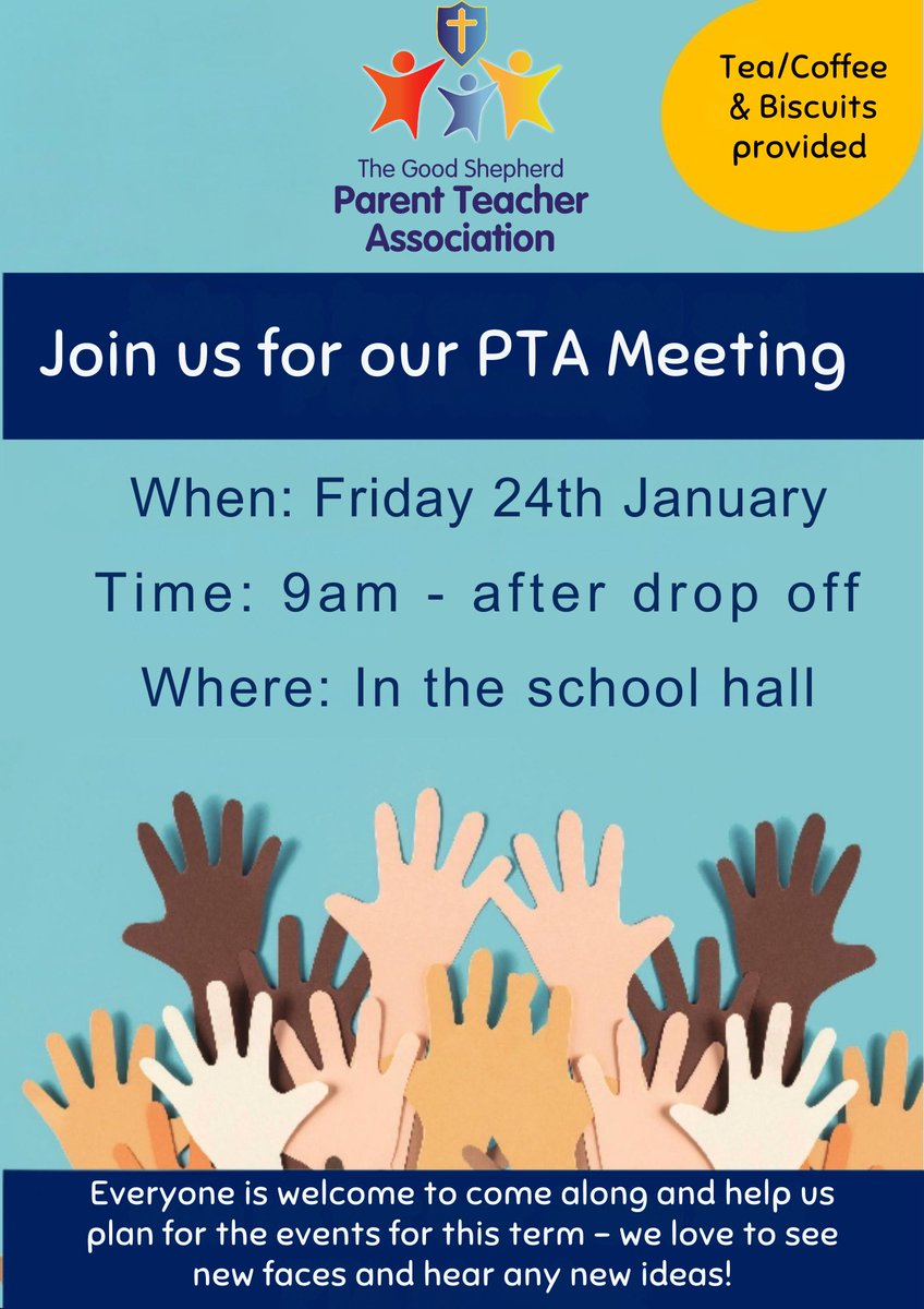 Our PTA Meeting is TODAY 9am! Everyone is welcome ❤️ Tea, Coffee, Biscuits &amp; Cake provided ☕️🍰🍪 @thegsaprimary