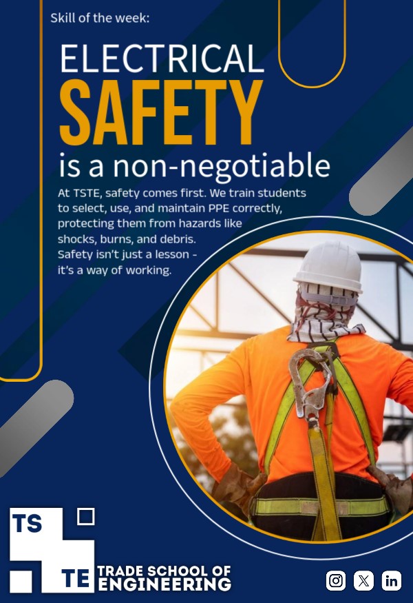 tstetradeschool's tweet photo. Skill of the Week: Safety First - PPE
🦺 Gear up to stay safe! 🦺 Always wear the right PPE, like insulated gloves and safety boots, when working with electrical systems. ⚡ Safety isn’t optional—it’s a habit! ⚡
#TSTE #SkillOfTheWeek #PPE #SafetyFirst #ElectricalSafety https://t.co/ySQmQpA2YC