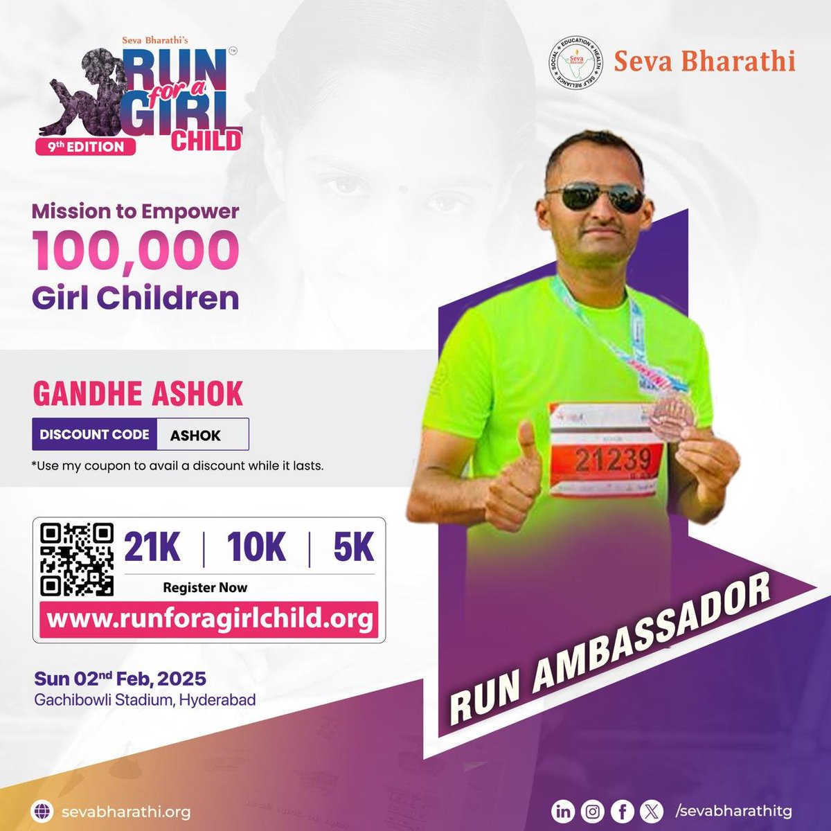 sevabharathitg's tweet photo. #RunningtoInspire,#RunningtoEmpower
Gandhe Ashok, proud #RunForAGirlChild #Ambassador is leading the mission to empower 100000 #GirlChildren by 2030.
👉https://t.co/NReUqj5pr3
Use #DiscountCode ASHOK to avail discount
#RFGC #EmpowerWithGandheAshok #SevaBharathi #RUN #Hyderabad https://t.co/cX0qzqJlcf