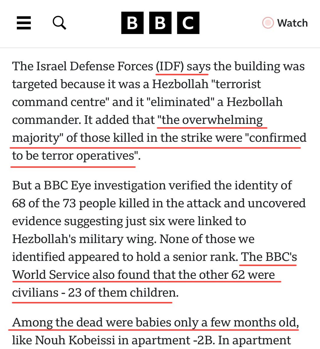 AssalRad's tweet photo. Israel lied and said they killed “terror operatives” in a strike on Lebanon. But they were civilians, including 23 children, among them babies.

How many of these lies has the media repeated without question all this time. https://t.co/sHNi77R1Iq