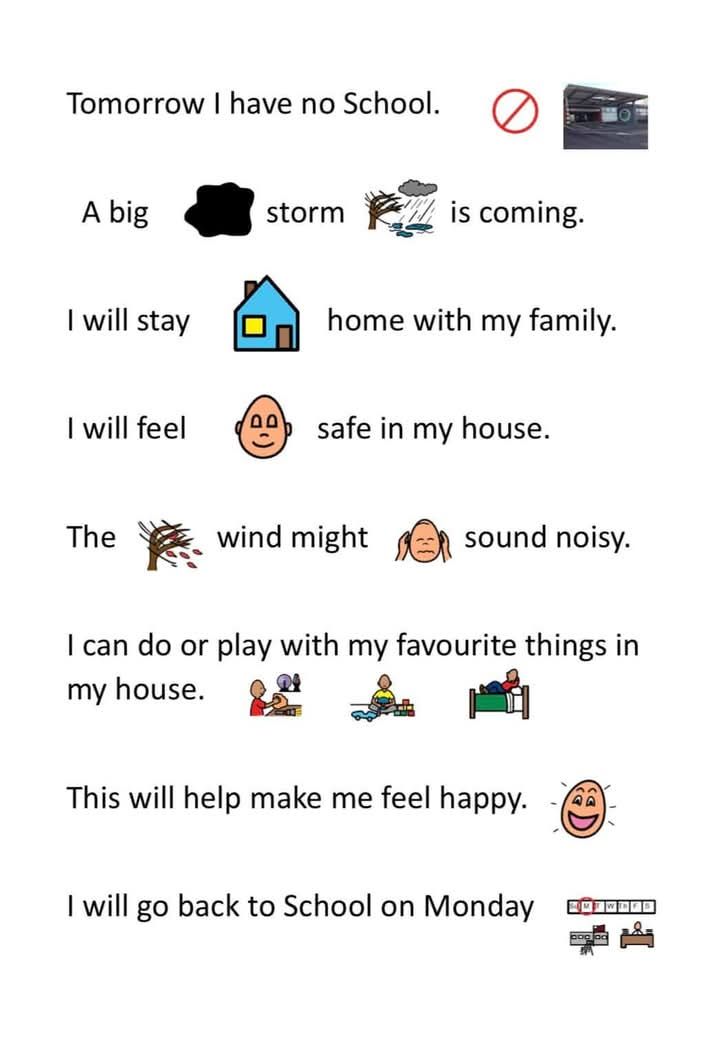 Midlothian Council (@midgov) on Twitter photo Hereโs a great #SocialStory for little ones who get anxious or are neurodivergent when routines change due to a storm. It uses clear visuals to reassure them that theyโre safe at home and can still have fun.
Credit - Causeway Neurodiversity #Stormรowyn
<a href="/mideduteam/">Midlothian Education</a> <a href="/MidEarly/">Mid early years</a> Hereโs a great #SocialStory for little ones who get anxious or are neurodivergent when routines change due to a storm. It uses clear visuals to reassure them that theyโre safe at home and can still have fun.
Credit - Causeway Neurodiversity #Stormรowyn
<a href="/mideduteam/">Midlothian Education</a> <a href="/MidEarly/">Mid early years</a>