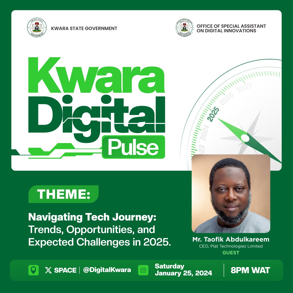 Don't miss Mr. Taofik Abdulkareem <a href="/taofikabdul/">Taofik Abdulkareem</a>, CEO of <a href="/platng/">Plat Technologies</a> and Chairman of <a href="/NigeriaComputer/">Nigeria Computer Society</a>, Kwara Chapter, at Kwara Digital Pulse.

He'll share his expertise on navigating the tech landscape of 2025. 

Join us via 👉x.com/i/spaces/1ynJO…

Don’t miss this space