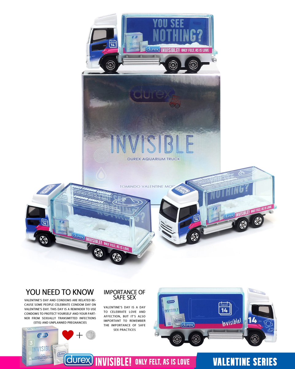 Tomindo3's tweet photo. VALENTINE “INVISIBLE" DUREX TRUCK

It’s hyperbole of “INVISIBLE” Durex meaning. An empty aquarium truck represents "SOMETHING INVISIBLE INSIDE". Then ultra thin condom becomes invisible.

#tomindo #tomica #トミカ https://t.co/xwqnyRGcdE
