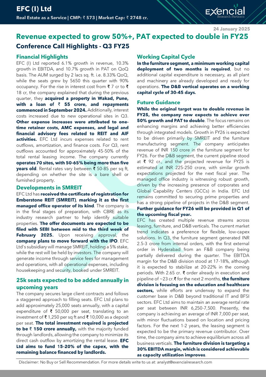 exencial_RP's tweet photo. EFC (I) Ltd. Q3FY25 Concall Highlights