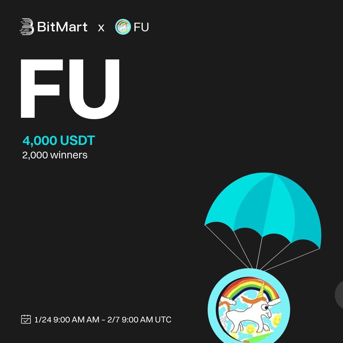 🌟 #BitMart X #FU #Airdrop 🌟

1️⃣Follow
<a href="/BitMartExchange/">BitMart</a> &amp; <a href="/BitMartResearch/">BitMart Research｜$BMX HODLer</a> &amp; @fartinguni
2️⃣Join t.me/BitMartExchange &amp; t.me/fartinguni
3️⃣RT &amp; Tag 3 frds &amp; Like
4️⃣Fill in forms.gle/wUfRUqknTqgFAV…

🎁 2,000 winners / 4,000 USDT
Register 👉  bitmart.com/en?r=fumoney