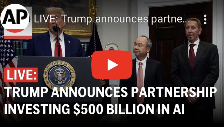 DAY 2, TRUMP ANNOUNCES $500 BILLION Stargate AI PROJECT/mRNA CANCER VACCINE: Stargate WILL IMPACT HEALTHCARE, FINANCE/MONETARY SYSTEMS, TRANSPORTATION, ROBOTICS, UNIVERSITY AI CURRICULUMS, H1B VISAs.
Trump said he would invoke “emergency declarations” to… speed up… Stargate &amp;