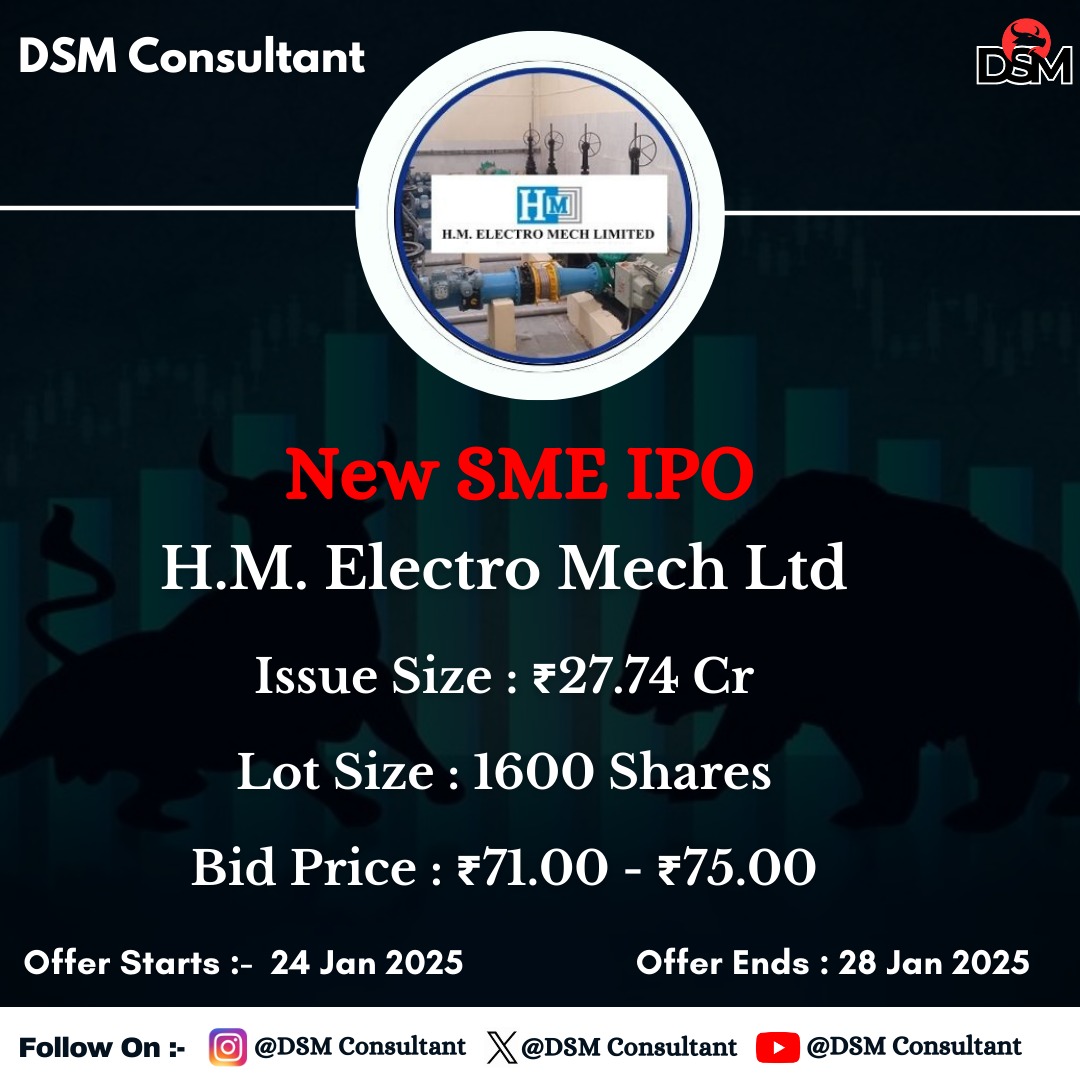 DSMConsultant's tweet photo. New SME H.M Electro Mech Ltd IPO Coming Soon 🔜 

#DSMConsultant #DSM #IPOMarket #NSE #BSE #SENSEX #NIFTY #IPO #hmelectromech https://t.co/UATIklW1JB
