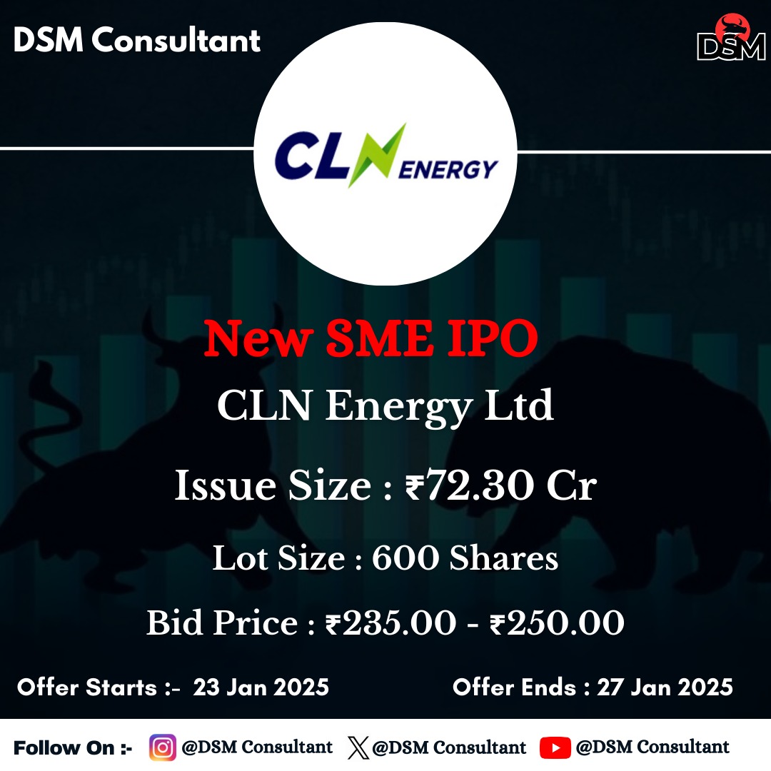 DSMConsultant's tweet photo. New SME CLN Energy Ltd IPO Coming Soon 🔜 

#DSMConsultant #DSM #IPOMarket #NSE #BSE #SENSEX #NIFTY #IPO #clnenergyipo https://t.co/r1BwmMTfm1