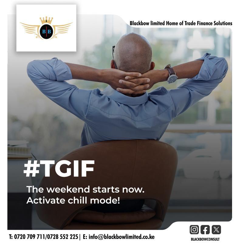 BlackbowConsult's tweet image. Happy Friday! 🎉 It&apos;s time to unwind and relax after a productive week.

📞 Call us: 0720 709 711 / 0728 552 225
📧 Email: info@blackbowlimited.co.ke

#TGIF #TradeFinanceSolutions #BlackbowLimited #BusinessSolutions #WeekendVibes #FinanceMadeSimple