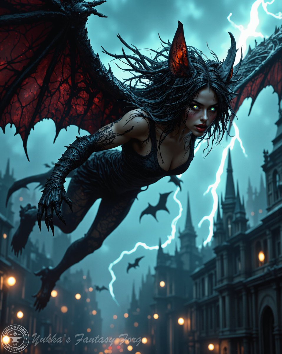 YukkasForge's tweet photo. ⚡ "Queen of the Night Sky" 🦇
Through thunder and shadow, she soars—unseen, unstoppable, untamed.
🌙 Would you dare meet her gaze?
#AiArt #DarkWings #Stormborn #NightHuntress https://t.co/r9olRnw71S