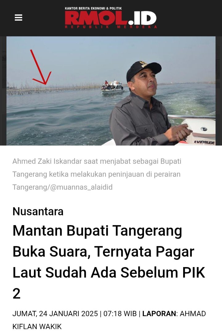 Franken_blues's tweet photo. Gagal lagi aja yg mau framing menyudutkan Pak Jokowi.

Mantan Bupati Tangerang, Ahmed Zaki Iskandar, mengatakan Pagar Laut yg sdg heboh sdh ada sejak thn 2014.
Sebelum PIK 2 dibangun dan sebelum Pak Jokowi jadi Presiden.

https://t.co/z5Q6WcR6Eq https://t.co/AMU5HSwPYJ